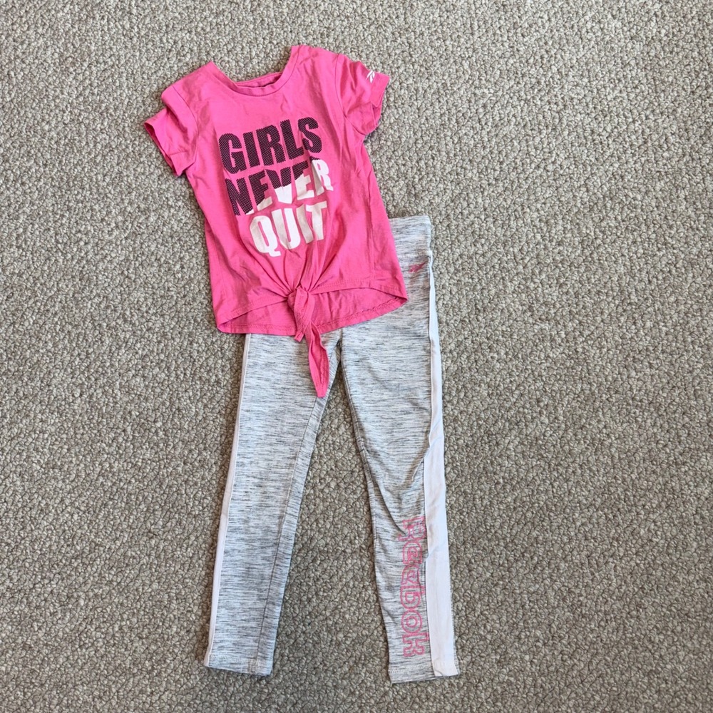 Reebok Girls Activewear Set Size 7 Pink‎ Tie Front Top & Gray Leggings